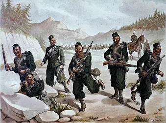 3. Gurkhas Skirmishing, Anglo-indická armáda z 80. let 19. století (barevné lito)