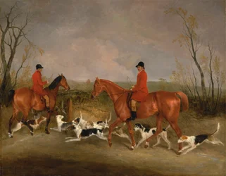 George Mountford, lovčí Quornu, a W. Derry, pomocník psovoda, u John O