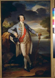 Portrét prince Alexandra Borissovitch Kourakine (1752-1818), homme politique russe (Portrét prince Alexandra Kurakina) - Olej na plátně od Richarda Bromptona (1734-1783), c1780 - Rozměr: 113x76 cm - Státní Treťjakovská galerie, Moskva