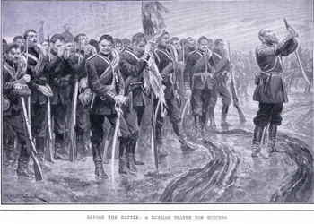 Před bitvou: Ruská modlitba za úspěch, ilustrace z Cassells Historie rusko-japonské války Vol 1, kolem roku 1900
