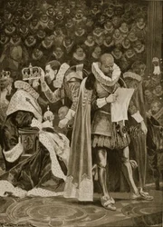 Hold, štědrost a všeobecná milost při korunovaci Jakuba I. a Anny Dánské, 25. července 1603, z „The Illustrated London News“, 1902