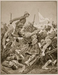 Seaforth Highlanders útočící na zarebu v bitvě u Atbary, ilustrace z 