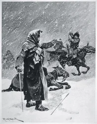 Turkicko-baškirští kozáci lučištníci pronásledovali a pronásledovali ústup Napoleonovy armády z Ruska v roce 1812 (barva litho)