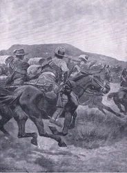 Yeomanry útočící na zadní voj a transport De Wets, z After Pretoria: The Guerilla War vydané nakladatelstvím Harmsworth Bros Limited, 1901