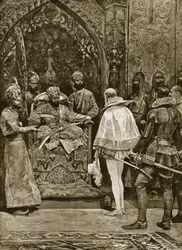 Rané anglické poselstvo do Indie, 1599, ilustrace z knihy „Hutchinsonovy dějiny britského národa“, kolem 1923