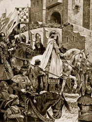 Becketův průvod Francií, 1158, ilustrace z „Hutchinsonova příběhu britského národa“, kolem roku 1923