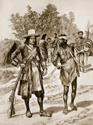 Dampier zkoumá bumerang v Austrálii, ilustrace z 