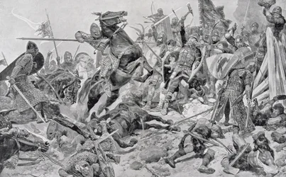 Harold je (c.1022-66) Last Stand, ilustrace z ‚britských bitvy na zemi i na moři‘, editoval sirem Evelyn Wood (1838-1919), nejprve publikoval 1915