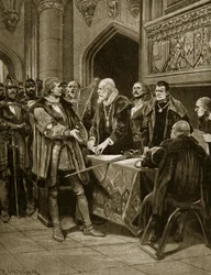 Lord Thomas Fitzgerald odhodí svůj meč, ilustrace z „Hutchinsonova příběhu britského národa“, kolem roku 1923