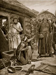 Nadměrně zdaněné subjekty vyhoštěné ze svých domů, ilustrace z „Hutchinsonova příběhu britského národa“, kolem roku 1923