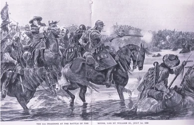 Bitva u Boyne 1. července 1690, ilustrace z britských bitev na souši a na moři, 1915