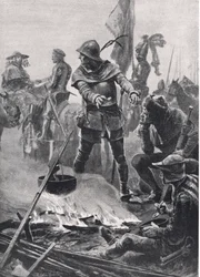 Princ z Walesu se rozchází s kardinálem de Talleyrand-Perigord ráno v bitvě u Poitiers, 19. září 1356, ilustrace z britských bitev na souši a na moři, vydal Casse