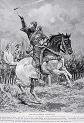 První útok u Hastingsu: minstrel a žonglér s mečem Taillefer vyjel z řad, zpíval a vyhazoval svůj meč do vzduchu, 1066, ilustrace z „Hutchinsonových dějin britského národa“