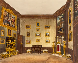 Králova psací skříň, Hampton Court, z „Dějiny královských sídel“, vyryl Richard Reeve (nar. 1780), William Henry Pyne (1769-1843), 1819