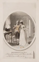 Pan Courtney ukazuje Henriettě miniaturní obrázek jejich matky, kniha 5, kapitola 4, ilustrace k vydání knihy "Henrietta" od Charlotte Lennoxové z roku 1798, asi 1798 (tužka a čb na papíře)