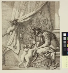 Génius malby. Minerva učí putti v umění malby. Návrh pro lept Pierra Condého, Památník Roberta Udneyho Esq.