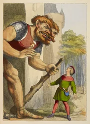 Jack se dívá na obra, který má dvě hlavy. Obr je velšský. Barevné ilustrace v dětské knize.