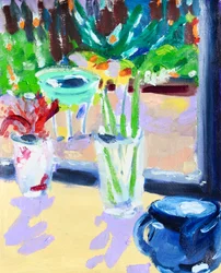 Still Life with Bird Bath, 2021 (olej na papíře)