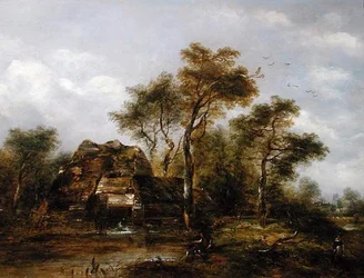 Přestřelený mlýn s Man Fishing (olej na plátně)