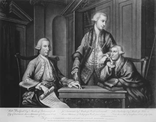 William Beckford (1709-70) James Townsend a John Sawbridge (c.1732-95) Aldermen of London, vyryto umělcem, 1769