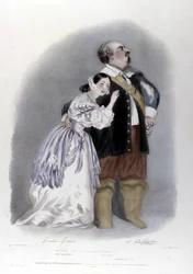 Giulia Grisi a Luigi Lablache ve 3. jednání The Puritans od Vincenza Belliniho. Litografie R. J. Lane. 1835