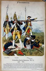 Pruské granátnické gardy a důstojníci v roce 1745, kolem roku 1890 (barevné lito)