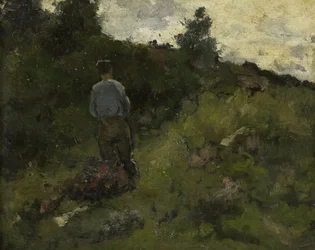 Farmář kráčející po okraji lesa