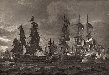 HMS Captain nalodění na San Nicholas a San Josef, ilustrace z „The Life of Nelson“ od Roberta Southeyho (1774-1843), poprvé publikovaná v roce 1813