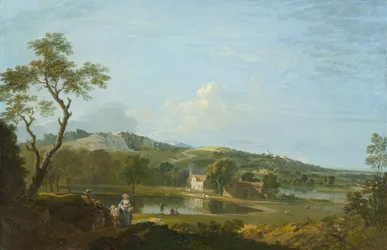 Rozsáhlá krajina s chatami u jezera, cca 1744-1745 (olej na plátně)