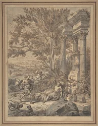 Silvio se blíží k Dorindě, kterou zranil šípem..., ca. 1700.