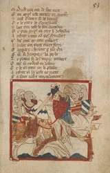 Arthur Mortally Wounded, ilustrace z „Romances in French Verse...“, od Canon of Wace (Wace of Bayeux)