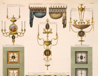 Návrhy záclonových říms, girandol a skládacích dveří, 1774 detail tisku z 61957