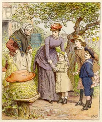 Matka a děti u úlu, hospoda. 1854.