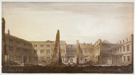 Blackwell Hall během demolice, City of London, 1819