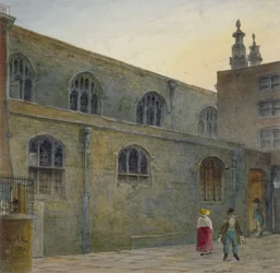 Severní strana Guildhall Chapel ukazuje vchod do Cutthroat Alley, City of London, 1820
