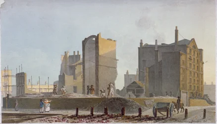 Zničená budova, Commercial Road, Stepney, Londýn, 1820