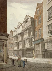 Jihozápadní pohled na starý roubený dům v Ship Yard, Westminster, Londýn, 1815