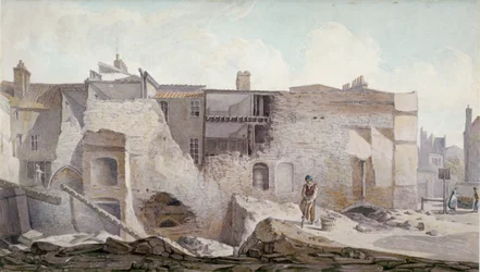 Pohled na ruiny části převorství Nejsvětější Trojice, Aldgate, City of London, 1824.