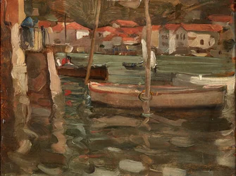 Veslice u přístaviště Harbour Quay, Concarneau (olej na panelu)