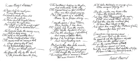 Queen Marys Lament, báseň rukopisem Roberta Burnse, konec 18. století, 1840