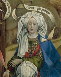 Detail představující ženu z Narození Páně od mistra Flemalle Roberta Campina (1375/1379-1444), olej na panelu, cca 1420