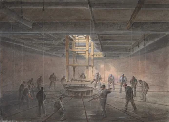Interiér jednoho z tanků na palubě Great Eastern: The Cable Passing Out, 1865-66.