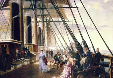 Na palubě parníku a kolesové lodi "Great Eastern" Isambarda Království Brunela (1806-1859) na cestě z Sheernessu (Anglie) do Valencie (Irsko).