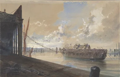 Kabel prošel z továrny do Hulka staré fregaty Iris ležící v Temži..., 1865-66