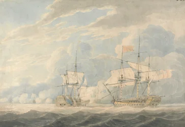 Nizozemský viceadmirál pod vedením admirála De Wintera udeří svou vlajkou anglickému viceadmirálu Onslowovi pod vedením admirála Duncana v bitvě u Camperdown, 11. října 1797