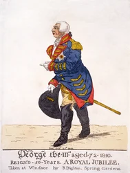 Britský král Jiří III. v roce 1810 při svém padesátiletém jubileu, tisk R. Dighton podle vlastní kresby z Windsoru, pub. 25. října 1810 (barevná litografie)