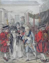 Margaret Nicholsonová se pokouší zavraždit Jeho Veličenstvo Jiřího III. (1738-1820) u zahradního vchodu do paláce svatého Jakuba, 2. srpna 1786