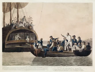 Vzbouřenci obrátili poručíka Bligha a část důstojníků a posádky Adrift, 29. dubna 1789, hospoda. 1790