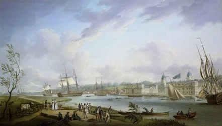Pohled na Greenwich, popis Temže a činností na jejích březích, jakož i říční plavby s ohledem na význam přílivu a odlivu. Olej na plátně