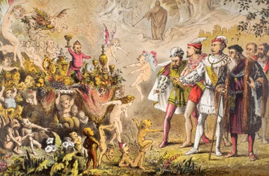 Alonso mluví v Bouři, III. dějství, III. scéna, "Nebesa, co to bylo", z "The Illustrated Library Shakespeare", vydáno Londýn 1890 (barevná litografie).